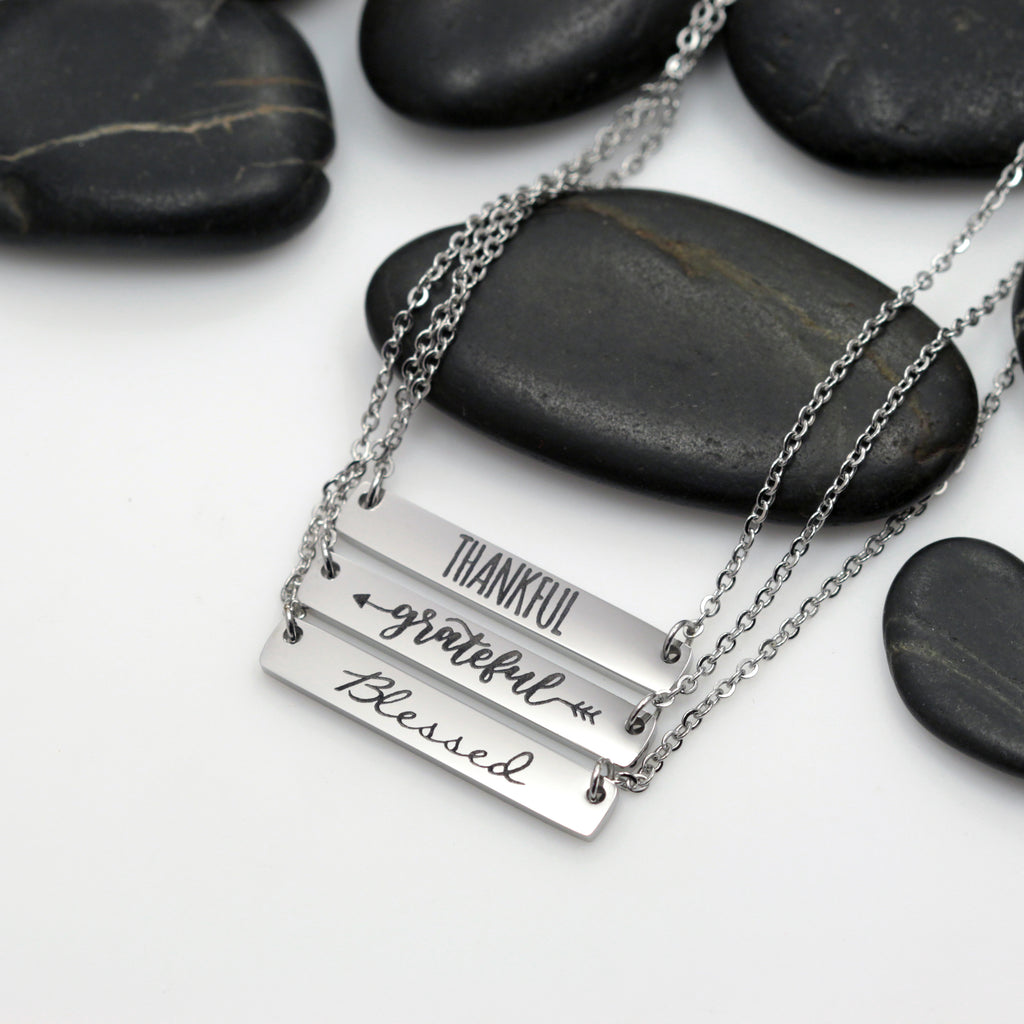 Thankful | Grateful | Blessed Motivational Statement Bar Necklace - Hand Stamped