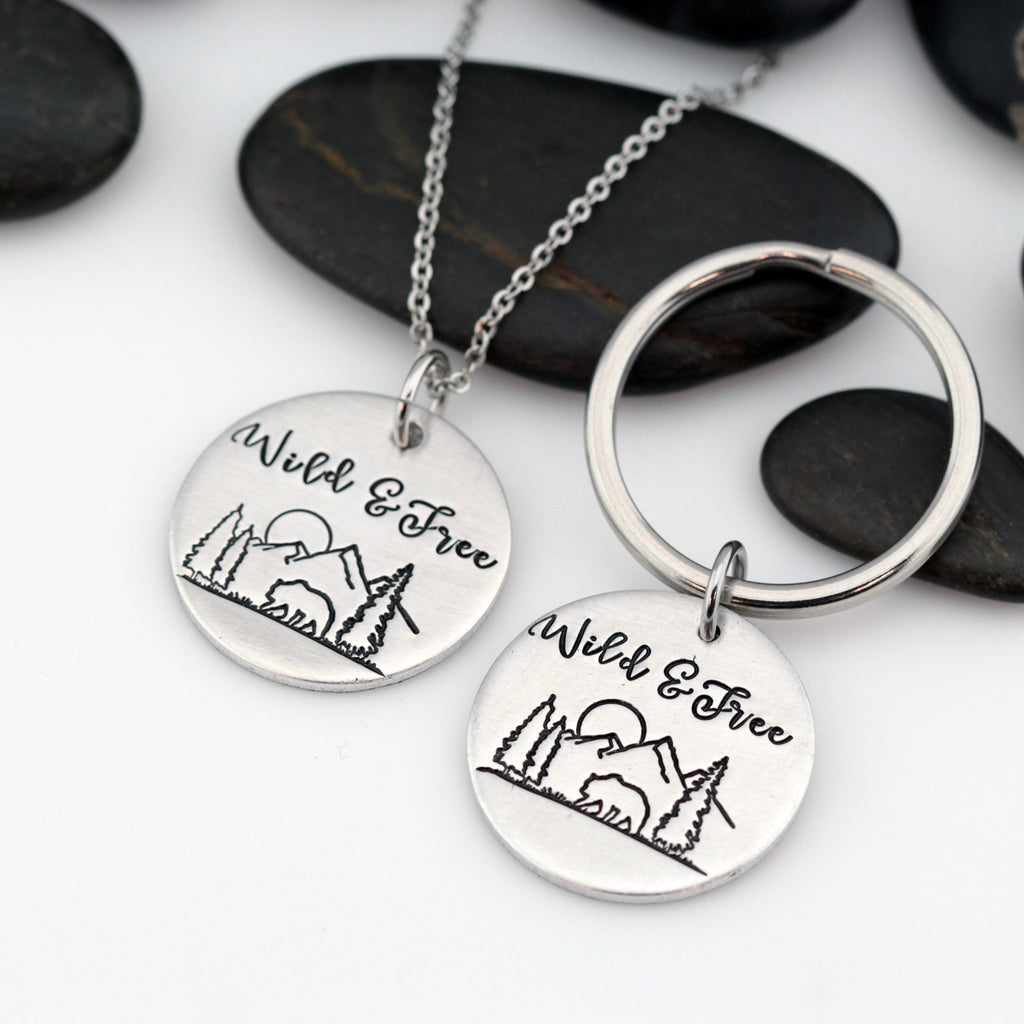 Wild & Free | Adventure and Outdoor Lovers Gift Idea | Mountain Scenery Keychain OR Necklace - Hand Stamped