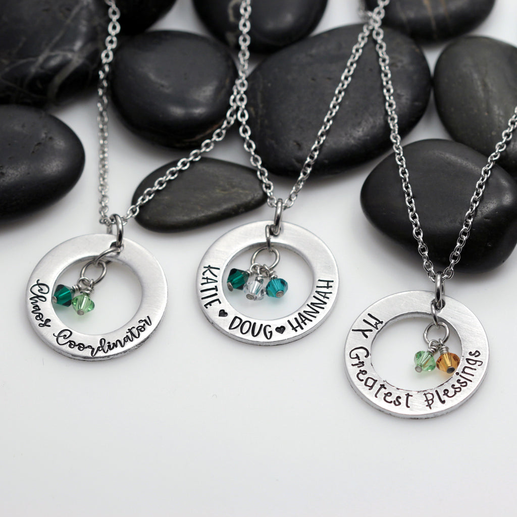 Custom Personalized Mother's Washer Necklace With Birthstones - Hand Stamped