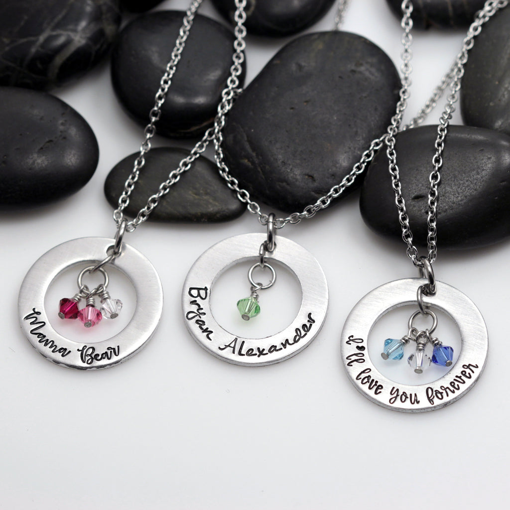 Custom Personalized Mother's Washer Necklace With Birthstones - Hand Stamped