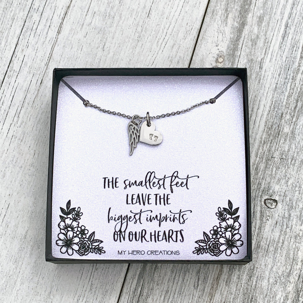 Baby Footprints With Angel Wing | Dainty Memorial Necklace - Hand Stamped