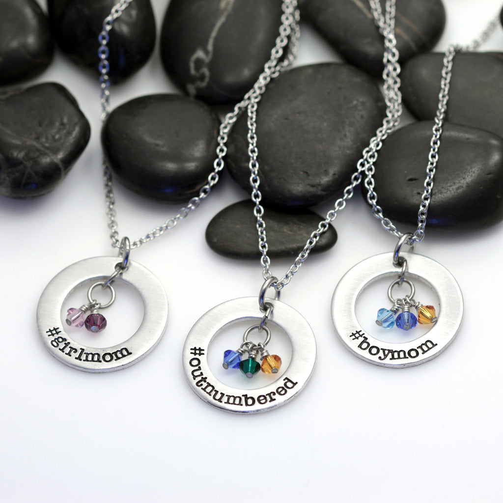 Custom Personalized Mother's Washer Necklace With Birthstones - Hand Stamped