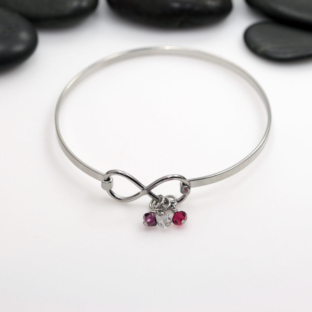 Personalized Heart | Infinity Bangle Bracelet With Birthstones - Hand Stamped