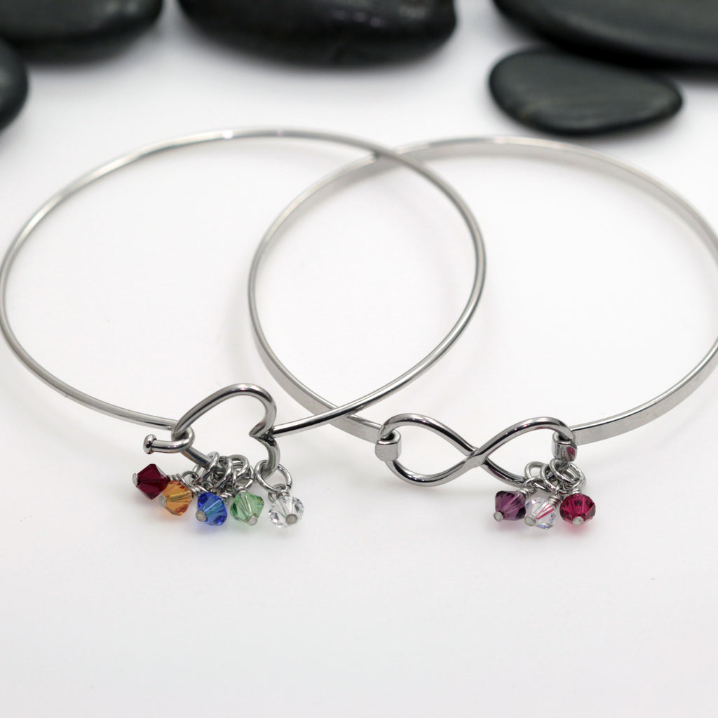 Personalized Heart | Infinity Bangle Bracelet With Birthstones - Hand Stamped