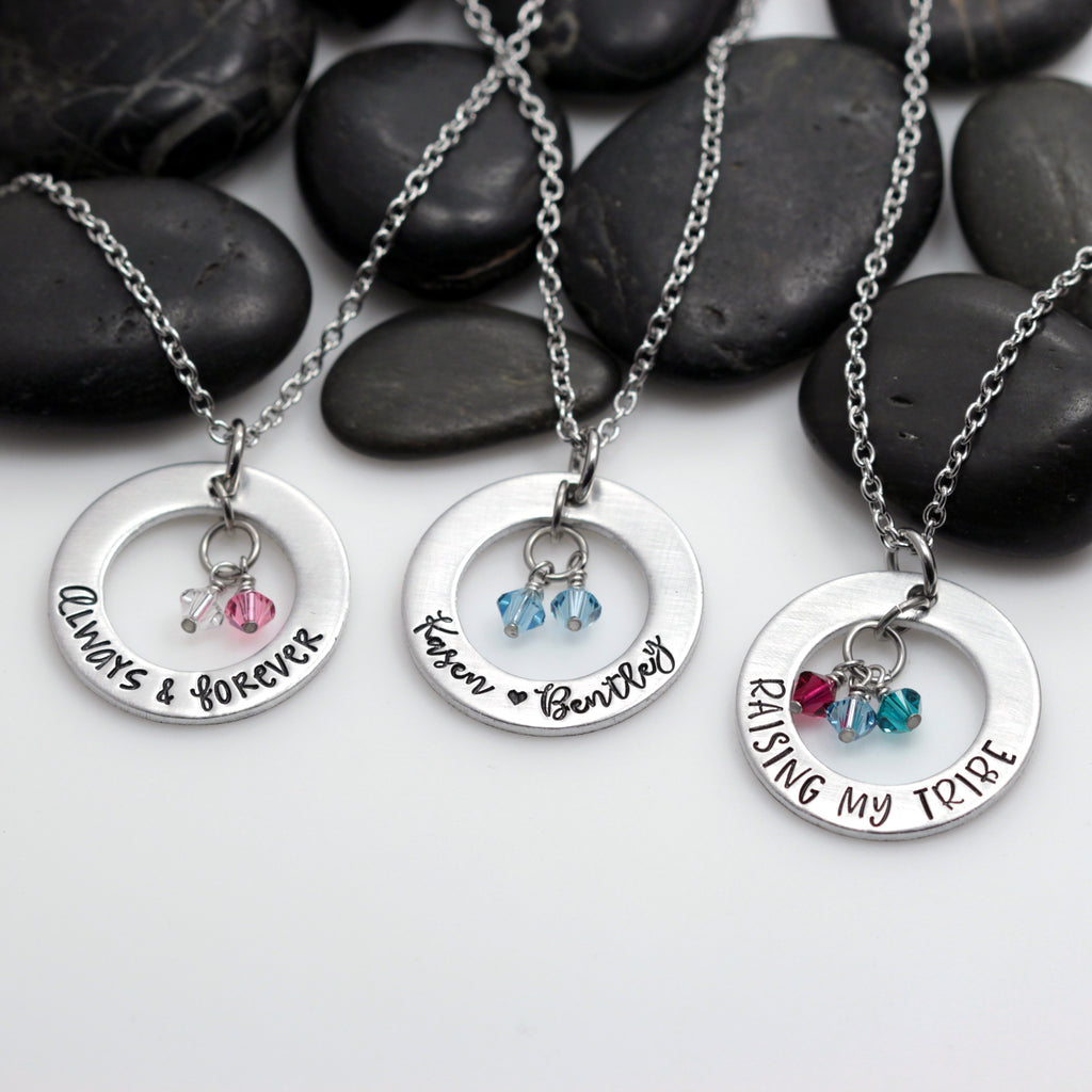 Custom Personalized Mother's Washer Necklace With Birthstones - Hand Stamped