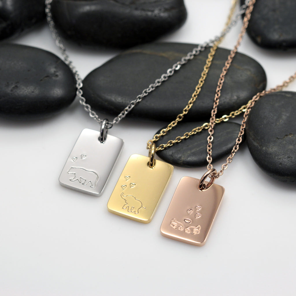 Mama Bear | Elephant | Angel Rectangle Necklace - Hand Stamped