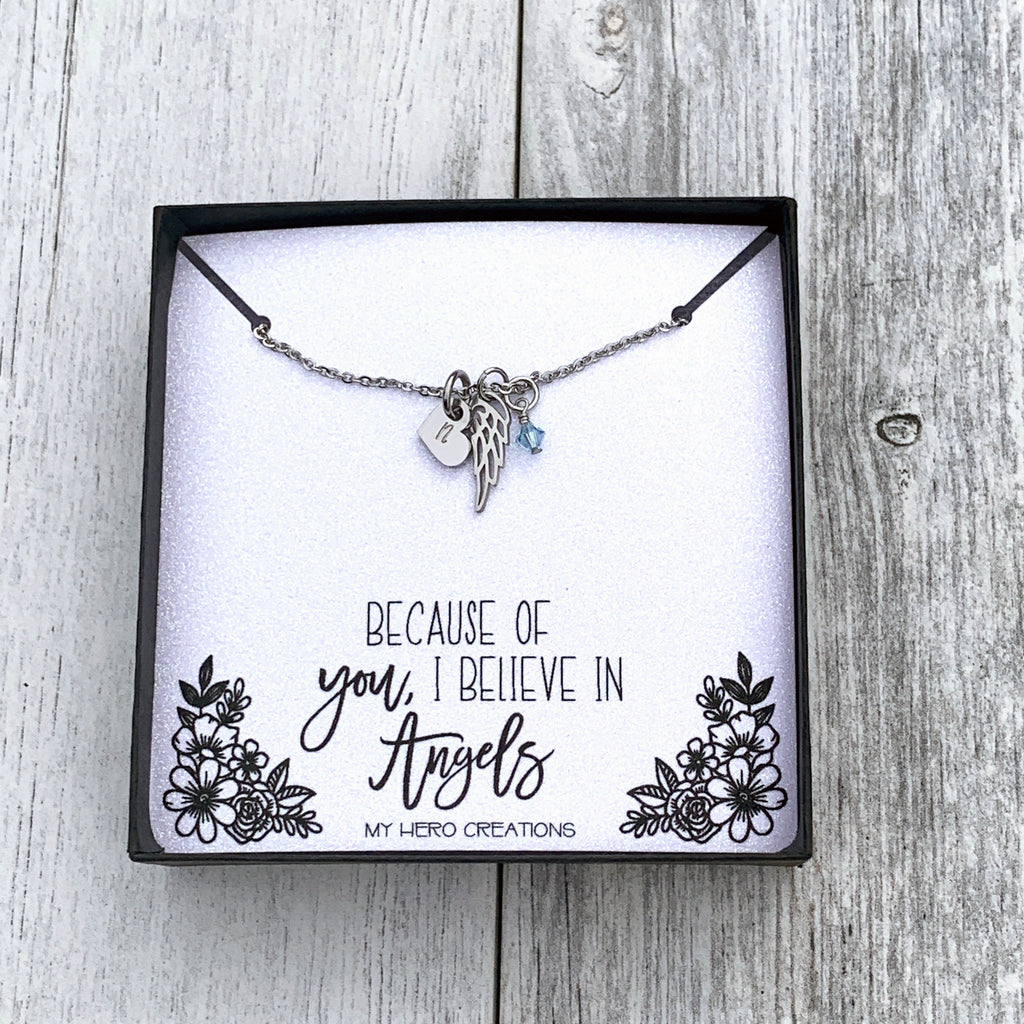 Angel Wing Dainty Minimalist 0.375" Initial Memorial Birthstone Necklace - Hand Stamped