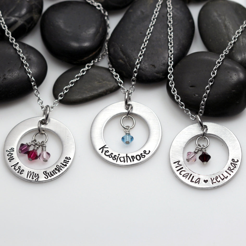 Custom Personalized Mother's Washer Necklace With Birthstones - Hand Stamped