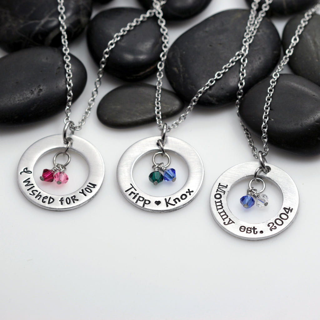 Custom Personalized Mother's Washer Necklace With Birthstones - Hand Stamped