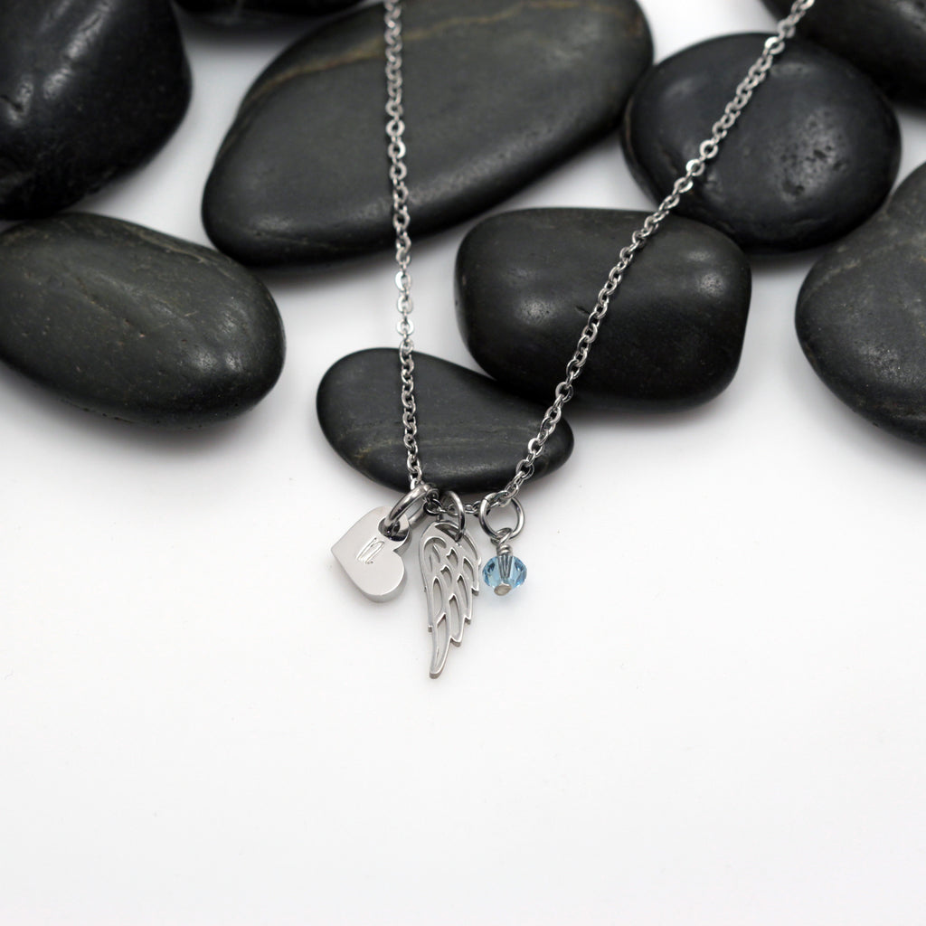 Angel Wing Dainty Minimalist 0.375" Initial Memorial Birthstone Necklace - Hand Stamped