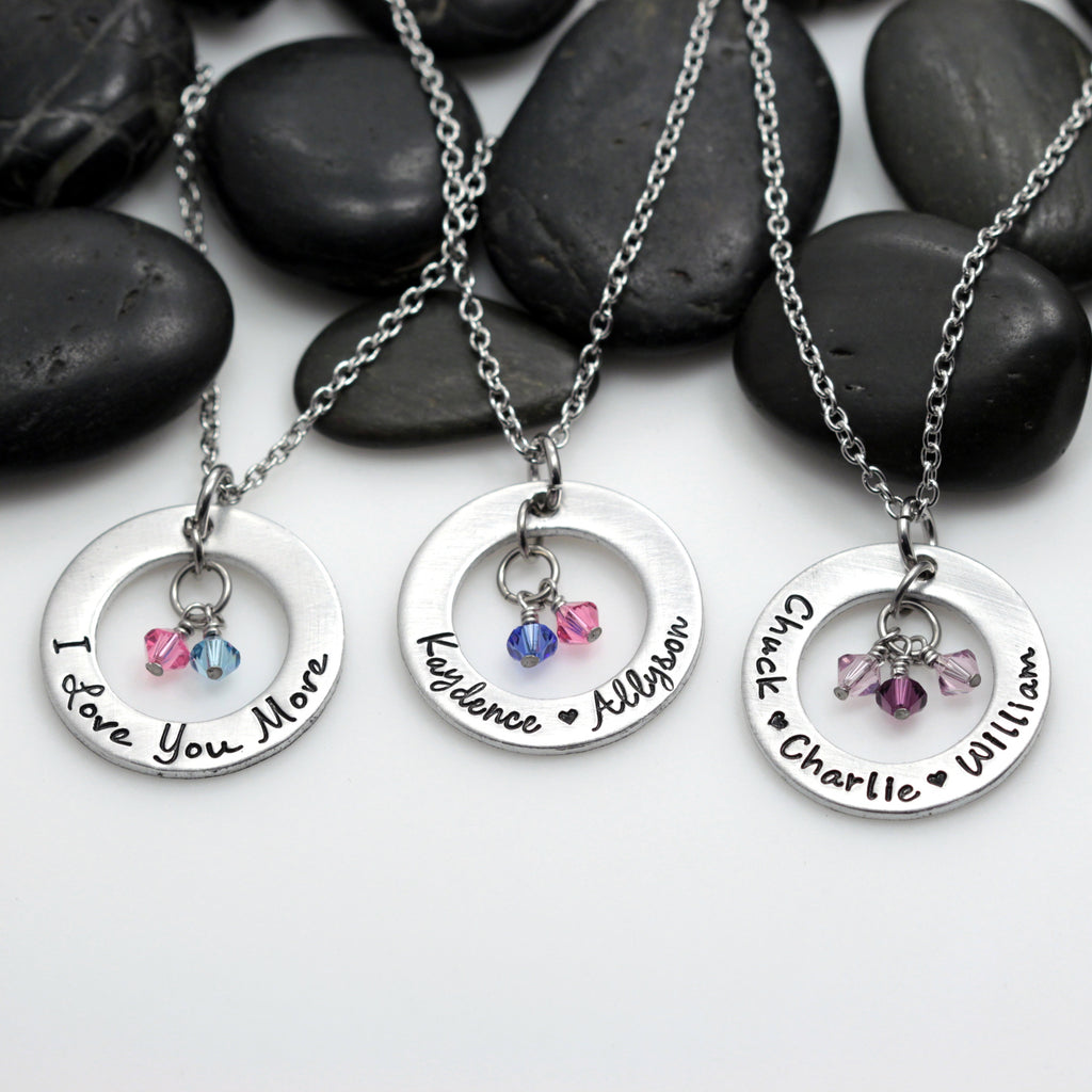 Custom Personalized Mother's Washer Necklace With Birthstones - Hand Stamped