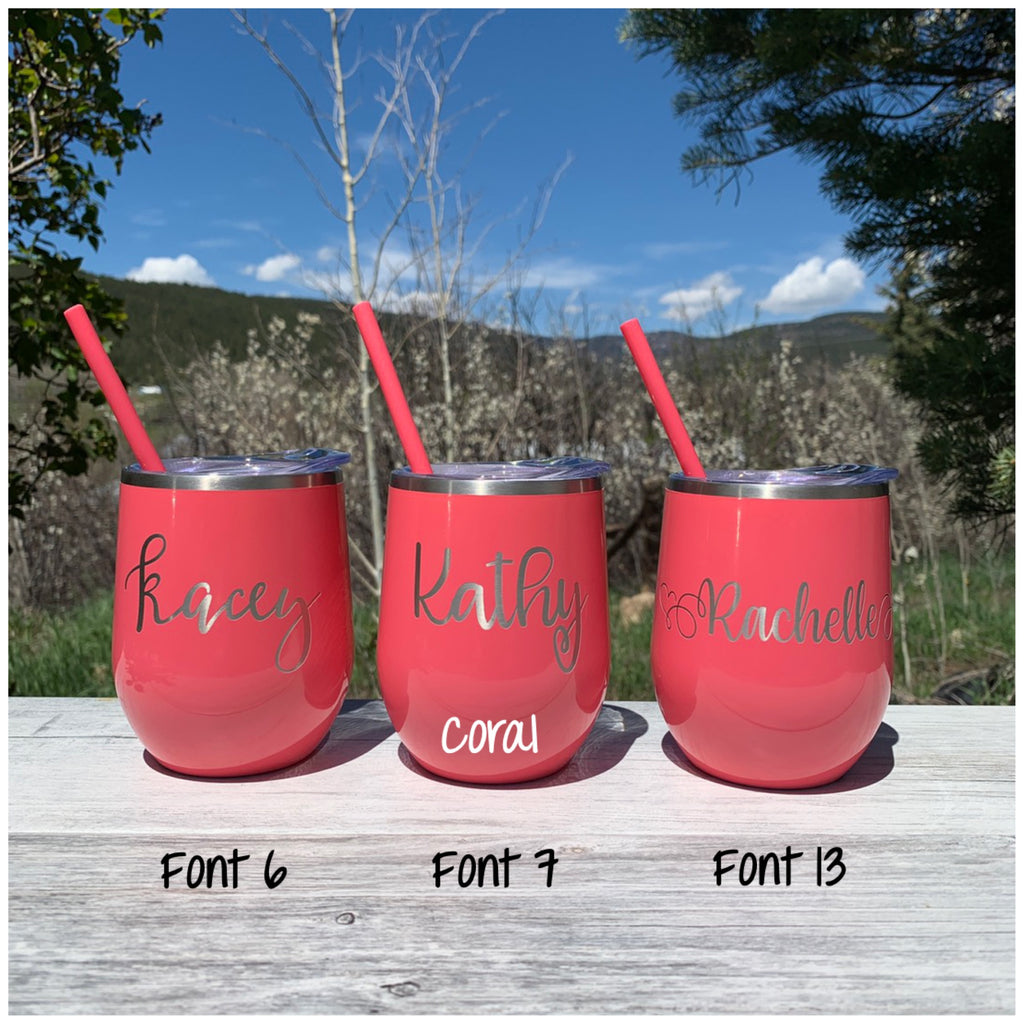 Personalized Name | Engraved 12oz Stainless Steel Wine Glass Tumbler - Hand Stamped