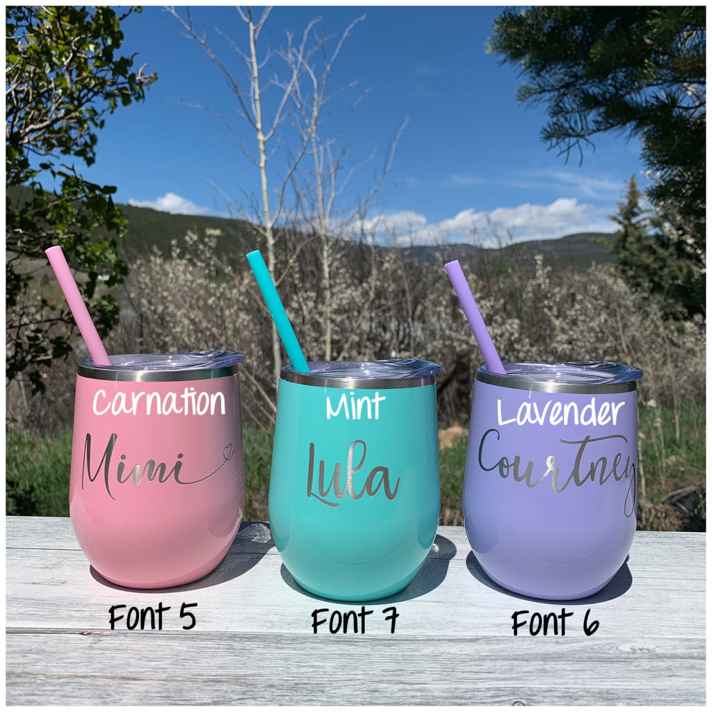 Personalized Name | Engraved 12oz Stainless Steel Wine Glass Tumbler - Hand Stamped
